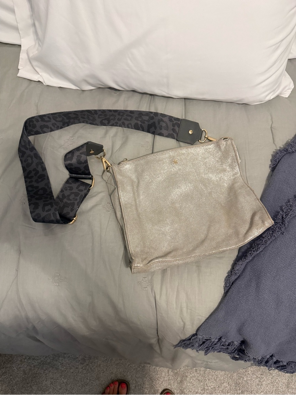 Erin Condren Metallic Silver Crossbody Bag with Leopard Strap
